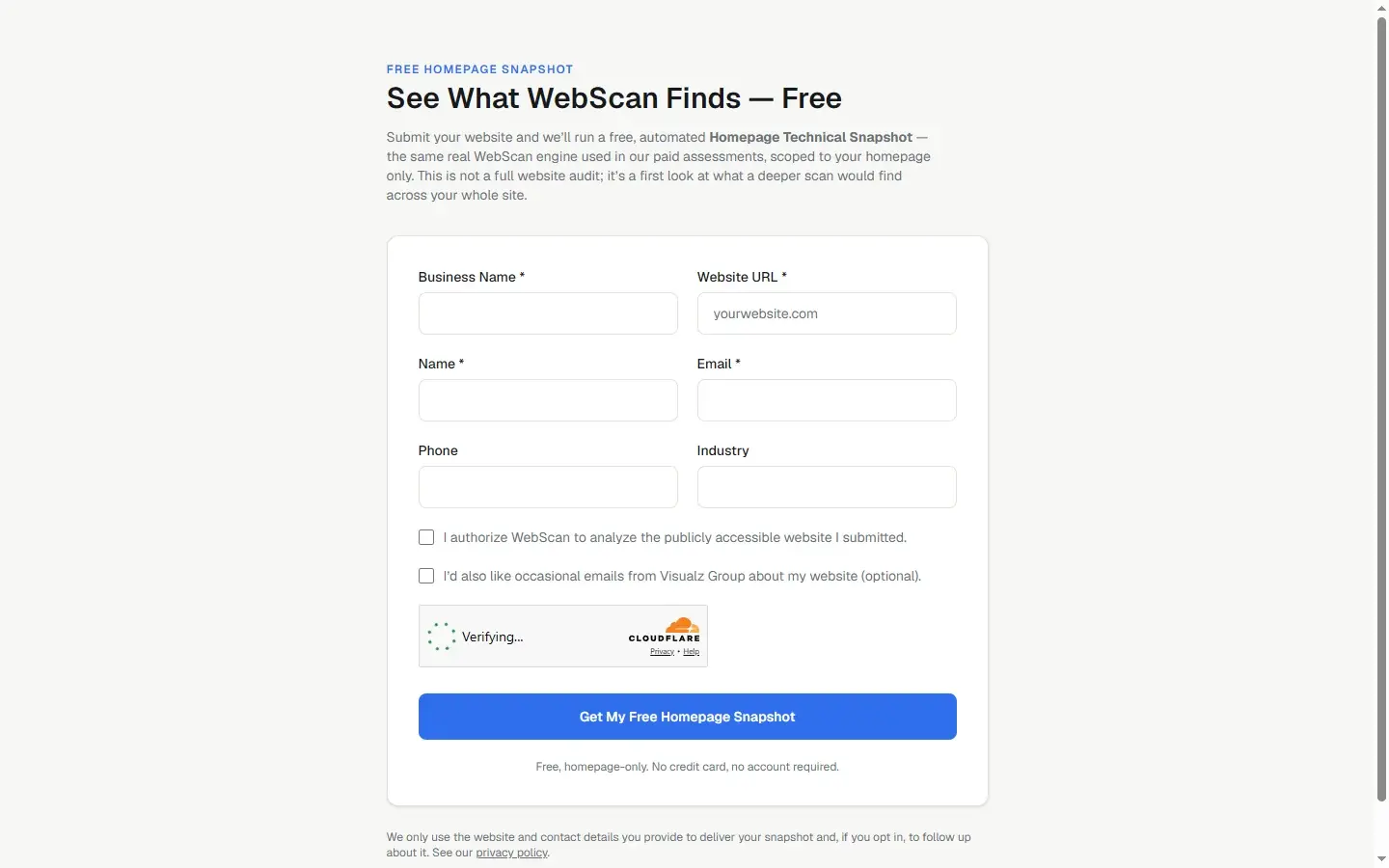Visualz WebScan Free Homepage Snapshot request form
